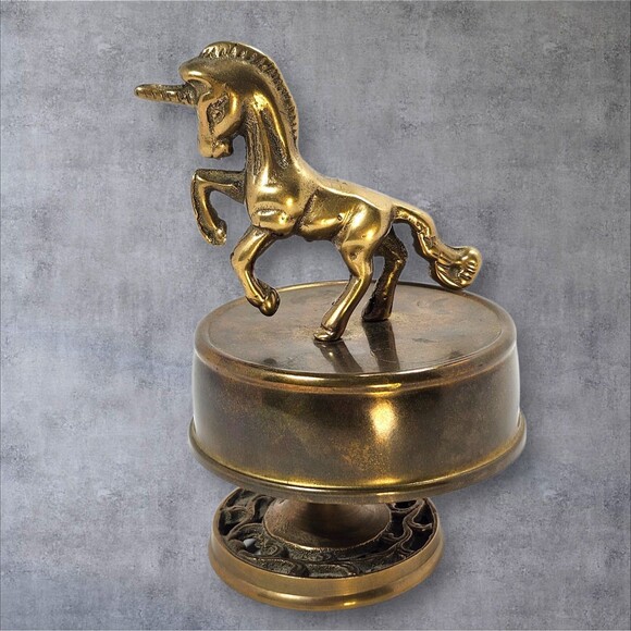 Vintage Brass Unicorn Music Box Spinning Fantasy Figurine Working Patina MCM - Picture 4 of 8